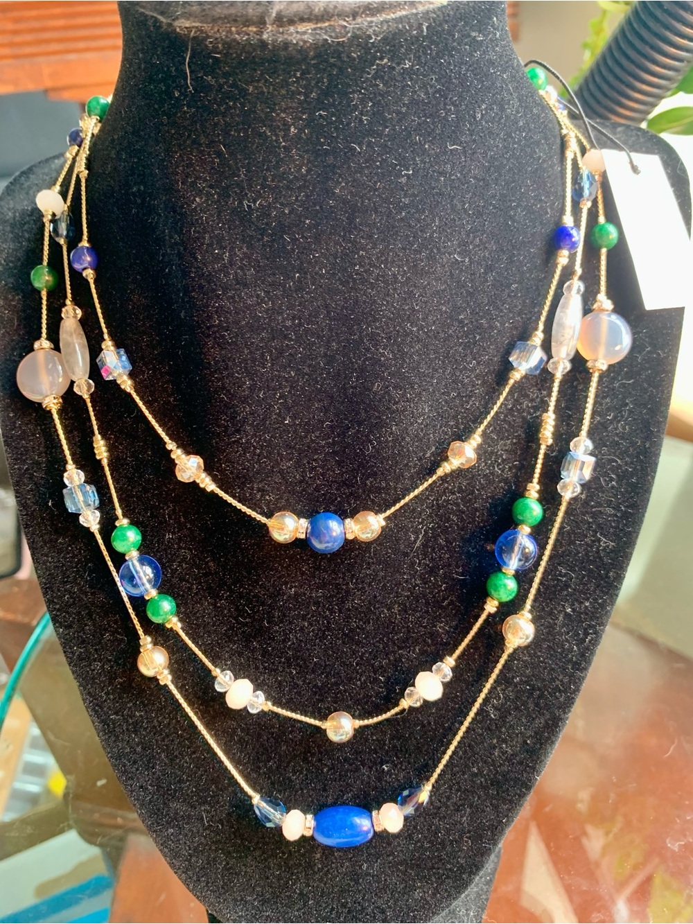 Ann Taylor Factory Gold-Tone Multi-Strand Necklace with Blue and Green Beads